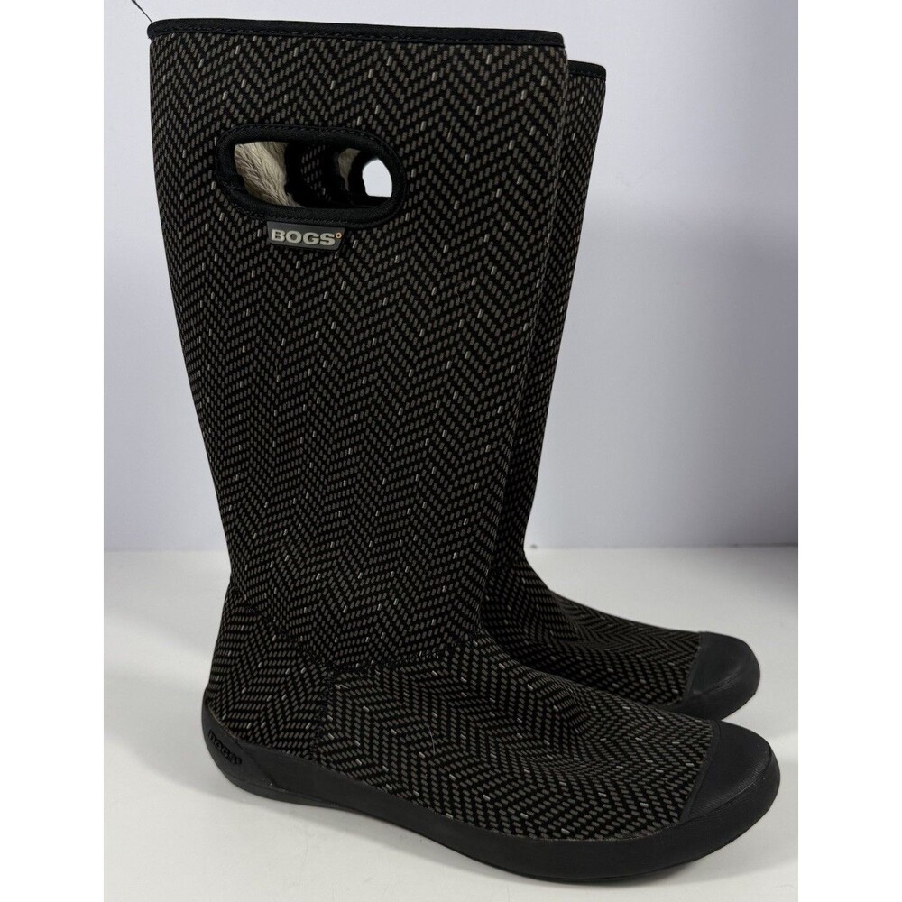Bogs Boots Womens Size 7 Black Herringbone Tall Waterproof Rain Winter Insulated